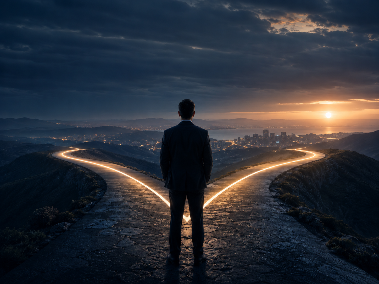A leader standing at a decision point, choosing a direction forward